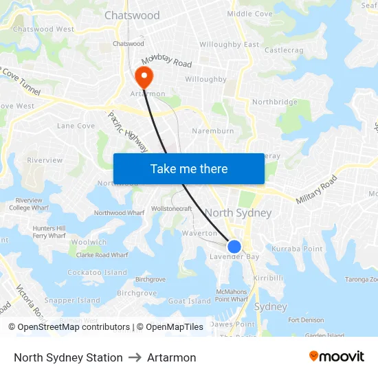North Sydney Station to Artarmon map