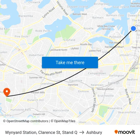 Wynyard Station, Clarence St, Stand Q to Ashbury map