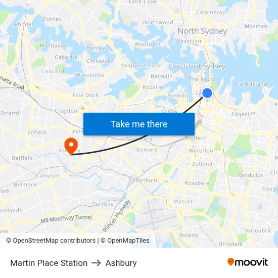 Martin Place Station to Ashbury map