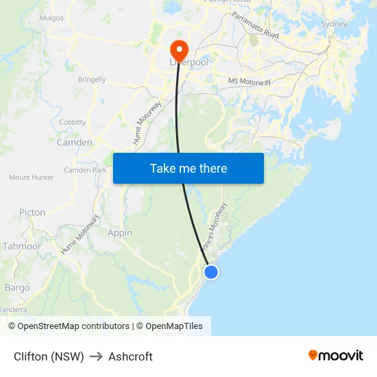 Clifton (NSW) to Ashcroft map