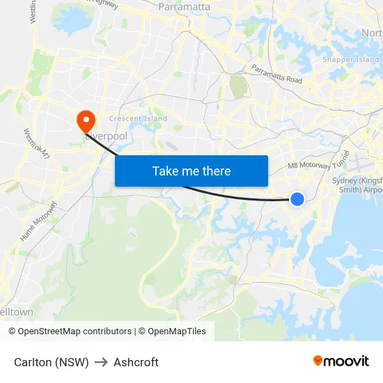 Carlton (NSW) to Ashcroft map