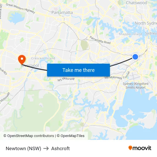Newtown (NSW) to Ashcroft map