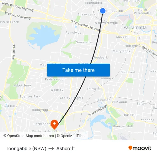 Toongabbie (NSW) to Ashcroft map