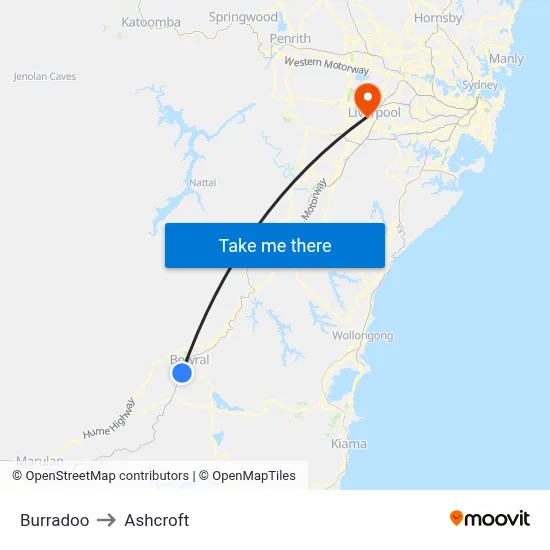 Burradoo to Ashcroft map