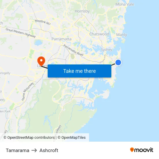 Tamarama to Ashcroft map