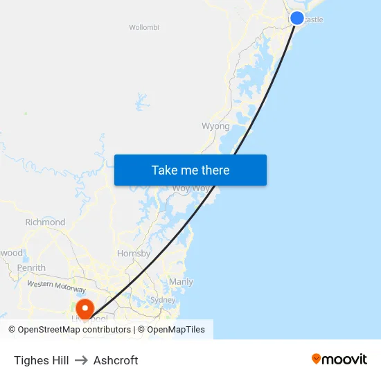 Tighes Hill to Ashcroft map
