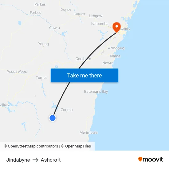 Jindabyne to Ashcroft map