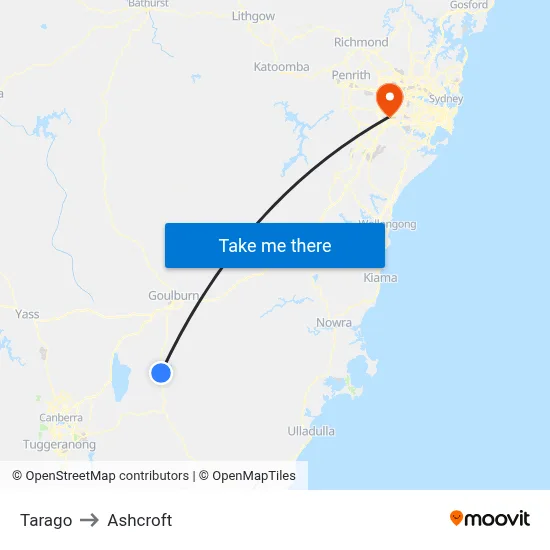 Tarago to Ashcroft map