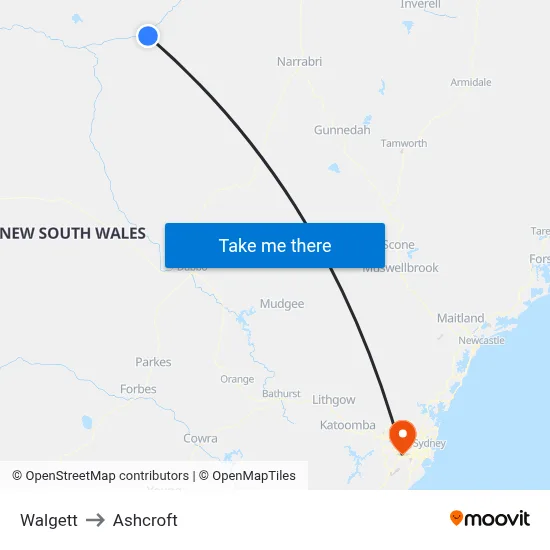 Walgett to Ashcroft map