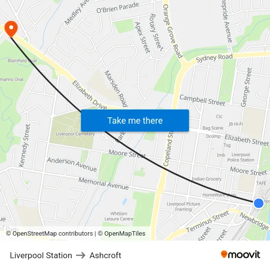 Liverpool Station to Ashcroft map