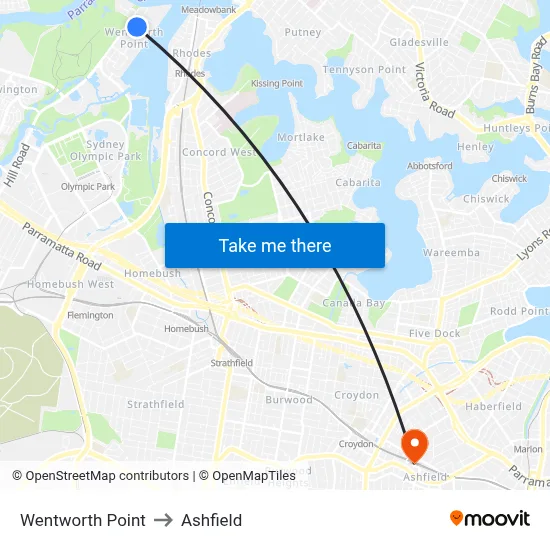 Wentworth Point to Ashfield map