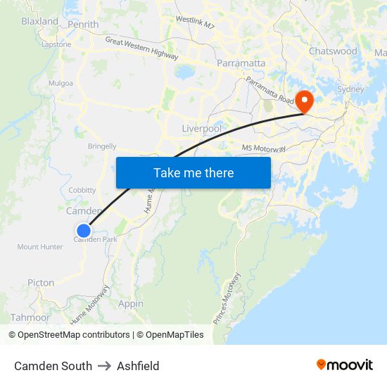 Camden South to Ashfield map