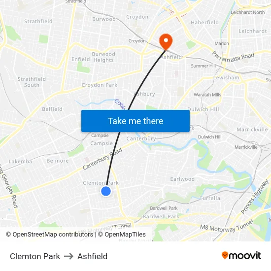 Clemton Park to Ashfield map