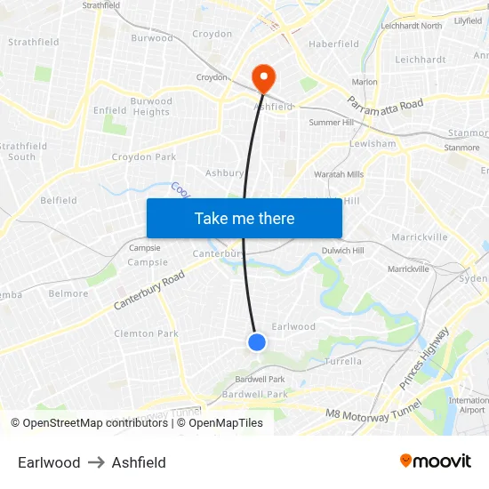 Earlwood to Ashfield map