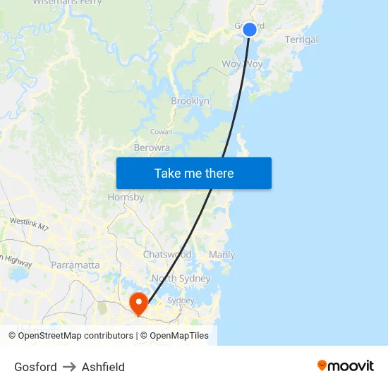 Gosford to Ashfield map