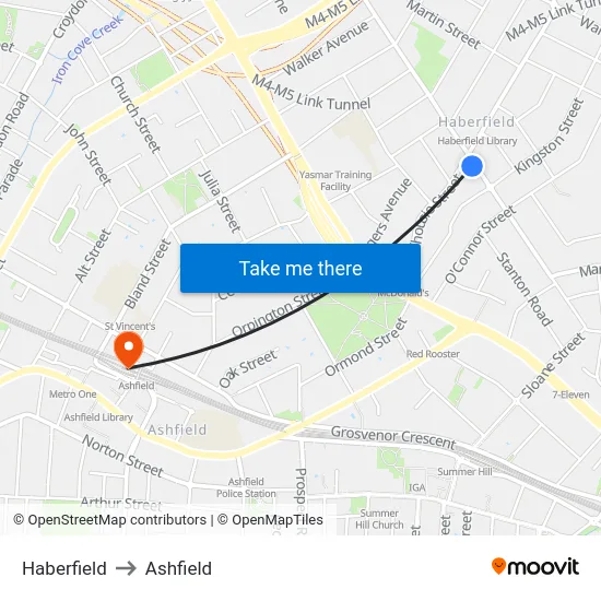 Haberfield to Ashfield map