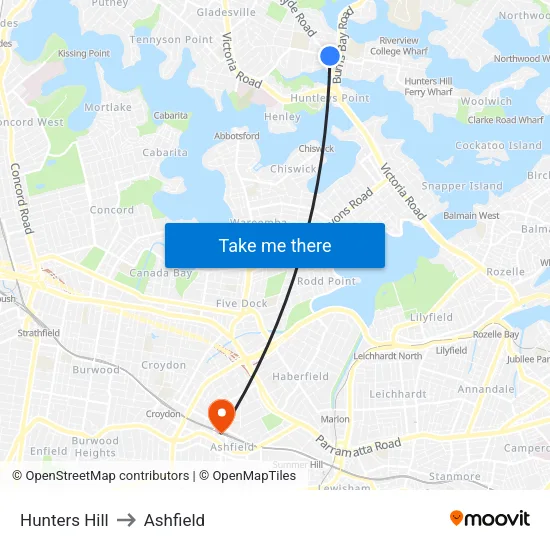 Hunters Hill to Ashfield map