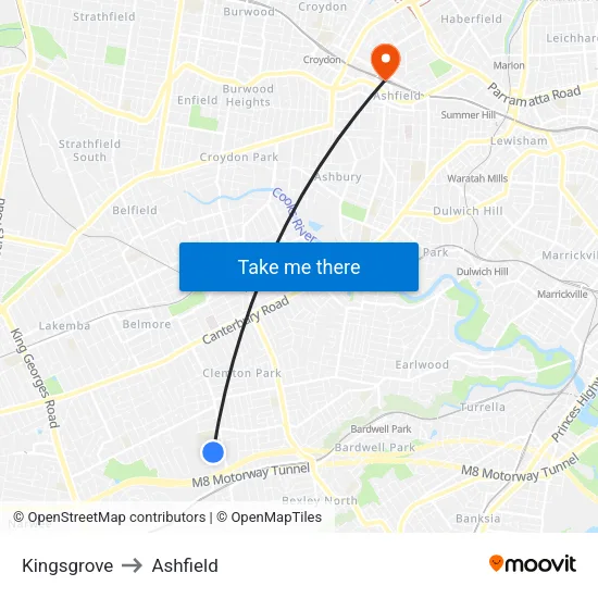 Kingsgrove to Ashfield map