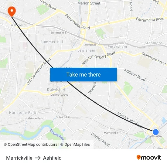 Marrickville to Ashfield map