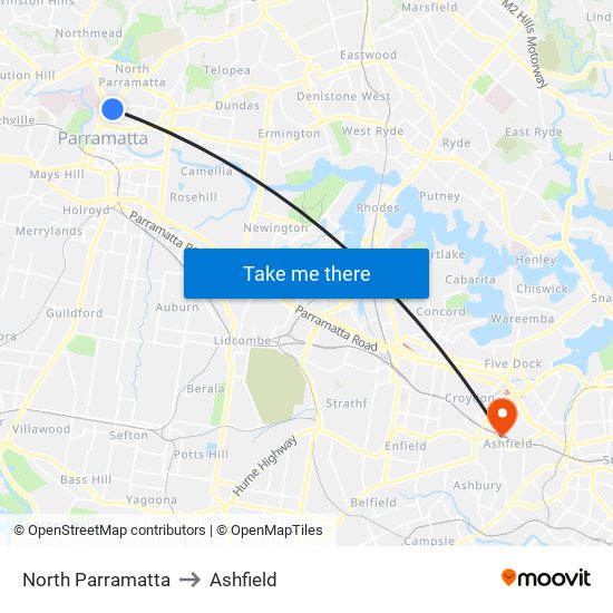 North Parramatta to Ashfield map