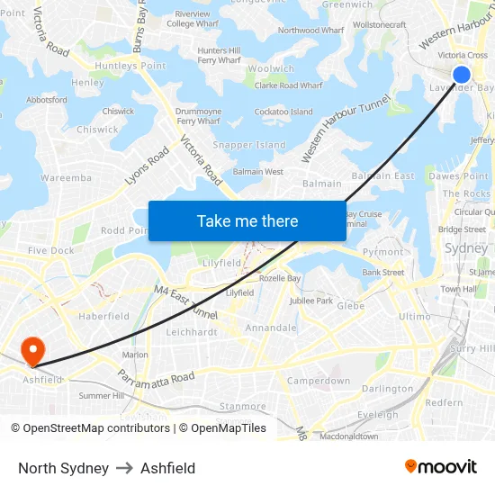 North Sydney to Ashfield map