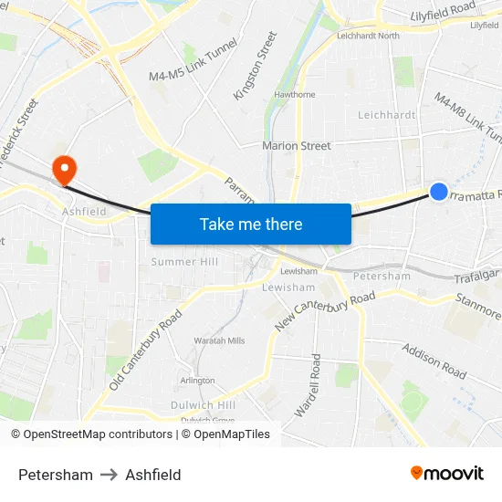 Petersham to Ashfield map