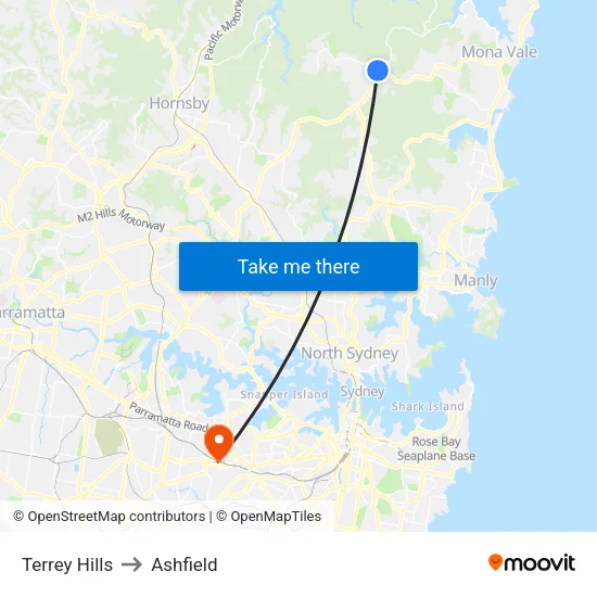 Terrey Hills to Ashfield map