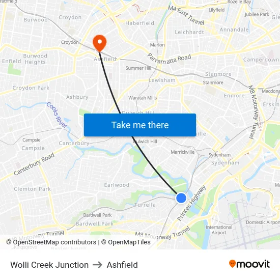 Wolli Creek Junction to Ashfield map