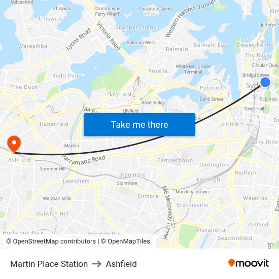Martin Place Station to Ashfield map