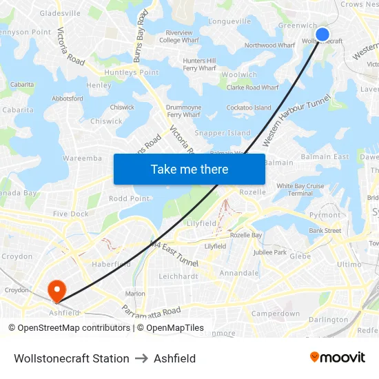 Wollstonecraft Station to Ashfield map