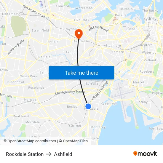 Rockdale Station to Ashfield map