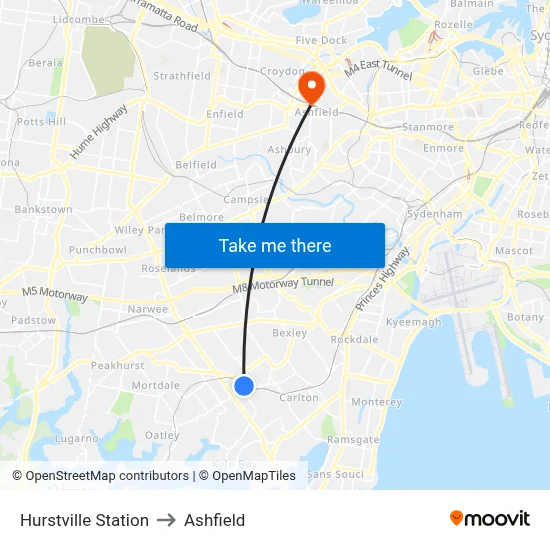 Hurstville Station to Ashfield map