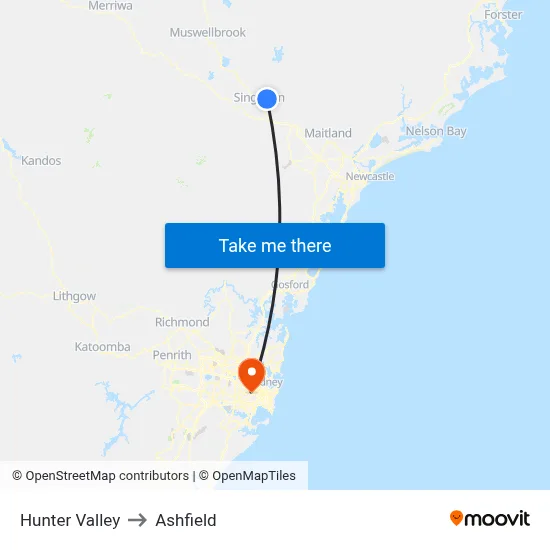 Hunter Valley to Ashfield map