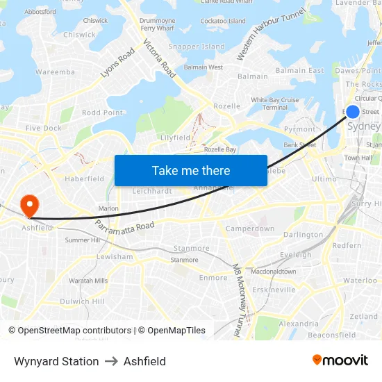 Wynyard Station to Ashfield map