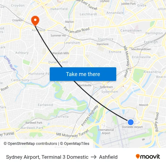 Sydney Airport, Terminal 3 Domestic to Ashfield map