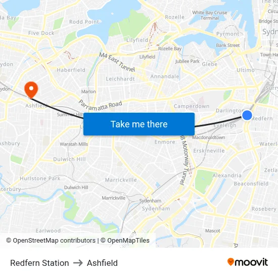 Redfern Station to Ashfield map