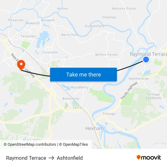 Raymond Terrace to Ashtonfield map