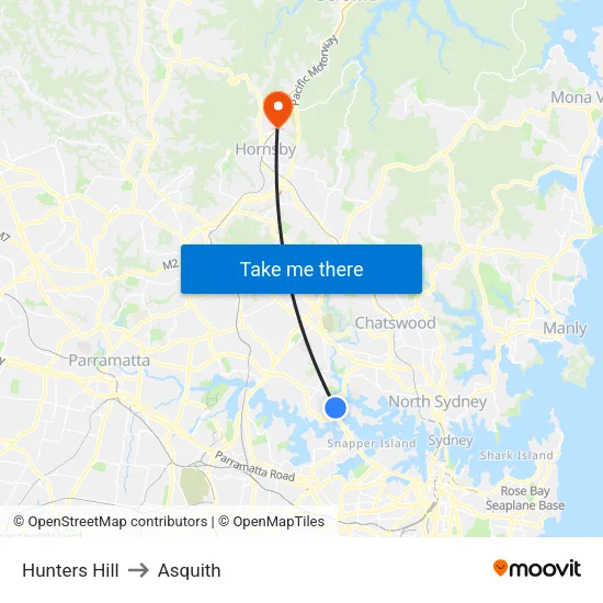 Hunters Hill to Asquith map