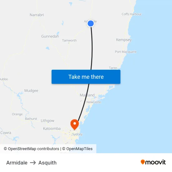 Armidale to Asquith map