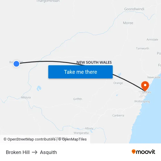 Broken Hill to Asquith map