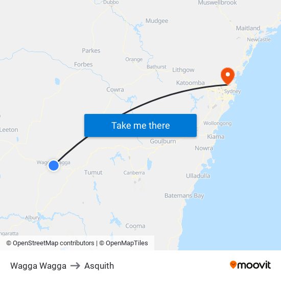 Wagga Wagga to Asquith map