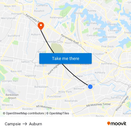 Campsie to Auburn map