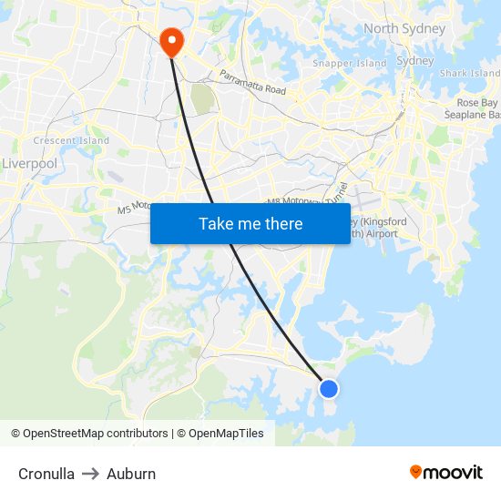 Cronulla to Auburn map