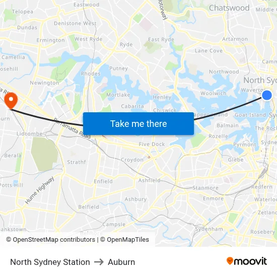 North Sydney Station to Auburn map