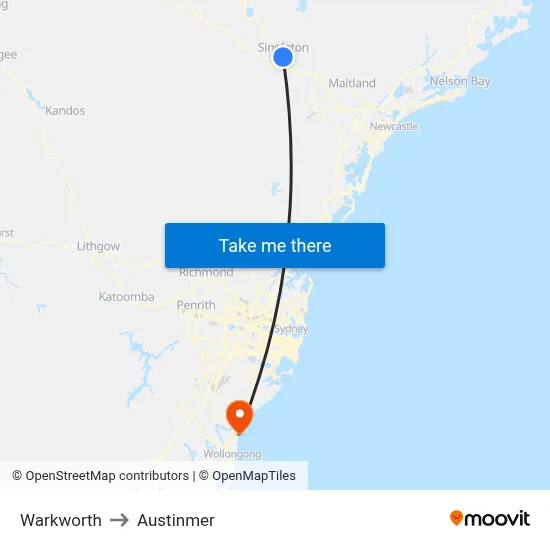 Warkworth to Austinmer map