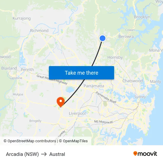 Arcadia (NSW) to Austral map