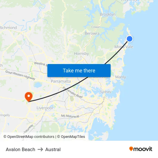 Avalon Beach to Austral map