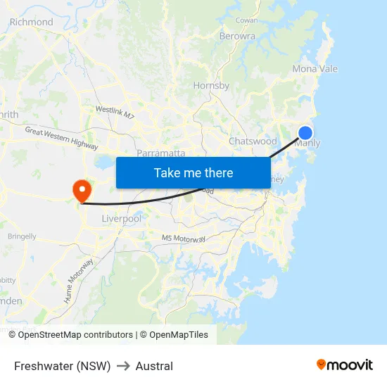 Freshwater (NSW) to Austral map