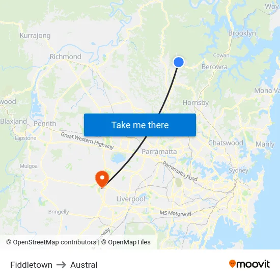 Fiddletown to Austral map