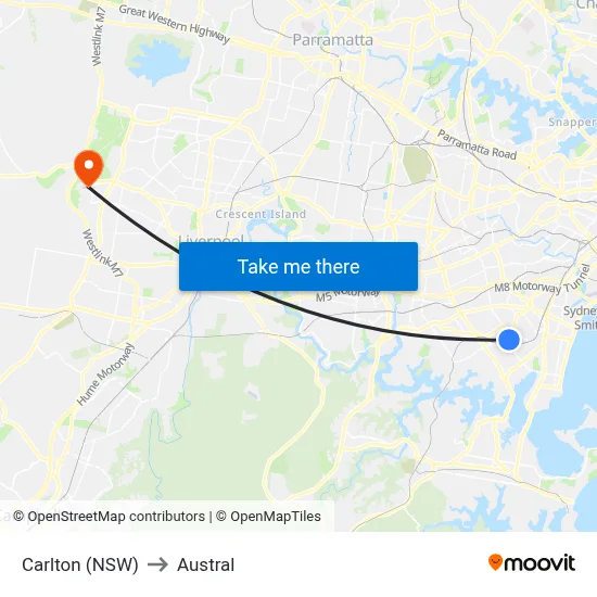 Carlton (NSW) to Austral map